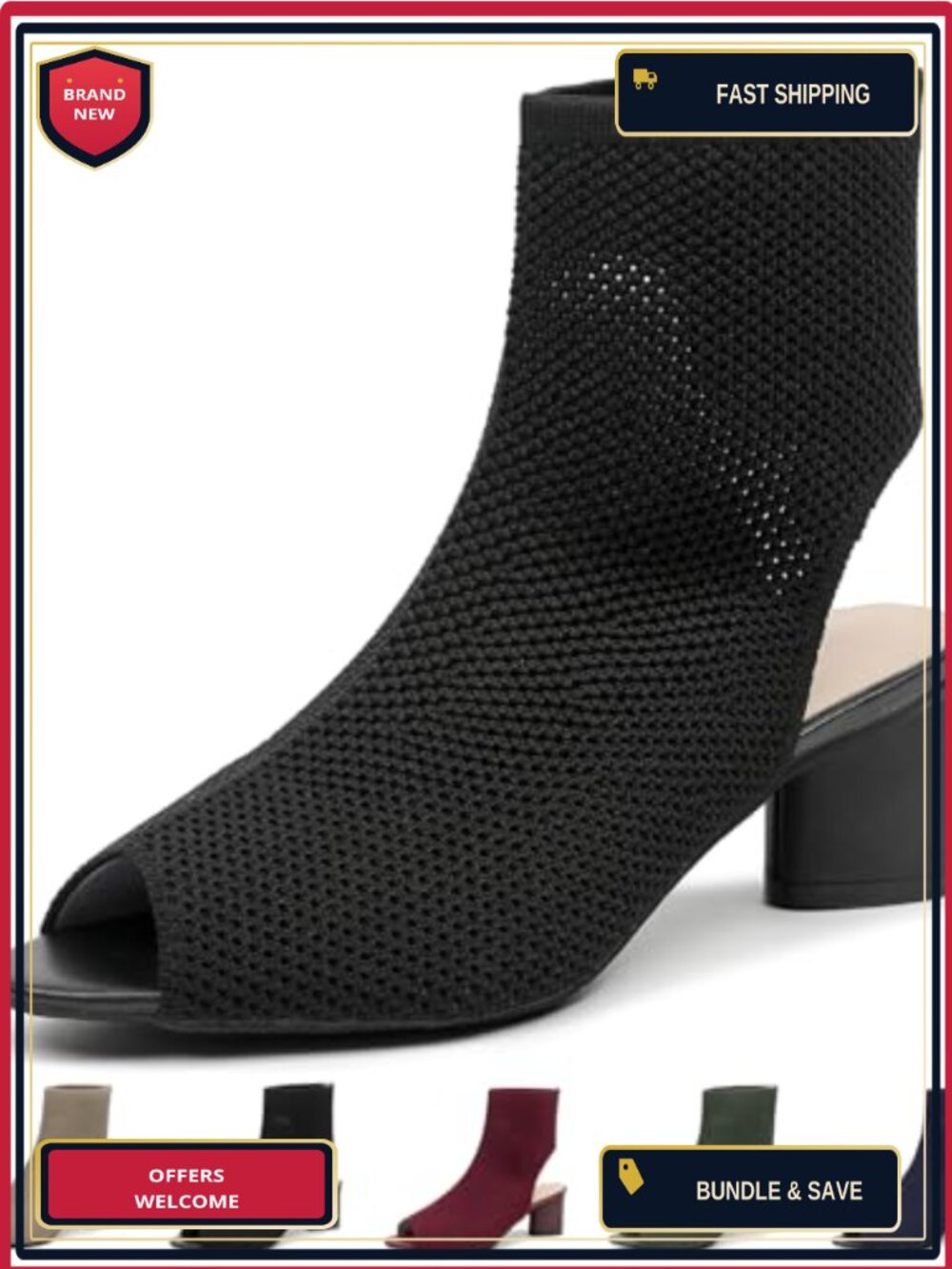 Women's Knit Peep Toe Slingback Chunky Heel Ankle Boots Open Toe Block Heel